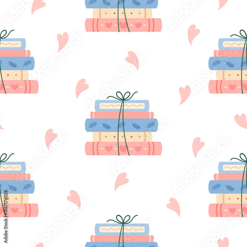 Romance books seamless pattern, Valentine bookish background, Book lover, Valentines day, Love bookstore vector illustration.