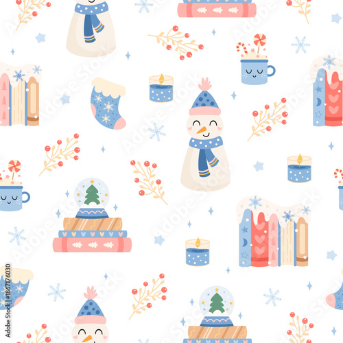 Cute winter seamless pattern with snowman, books, candle, sock, festive mug and branches. Christmas bookish background, Book lover print, Cozy reading, Pastel bookstore vector illustration.