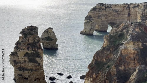 Aerial view of Marinha beach and Mesquita beach. Beautiful beach in the Carvoeiro, in Algarve, Portugal