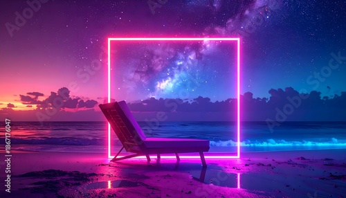 Futuristic neon beach chair framed by glowing galaxy sky high resolution image