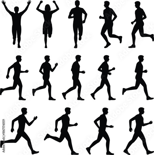 Running man silhouettes set showing sport fitness motion poses, male human figures in dynamic action isolated on white background illustration