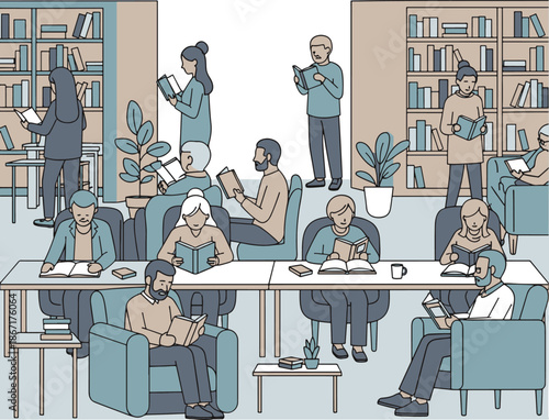 People reading books in a library surrounded by bookshelves and plants in a relaxed atmosphere