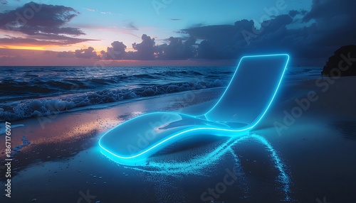 Futuristic neon chairs glowing on beach sunset high resolution image