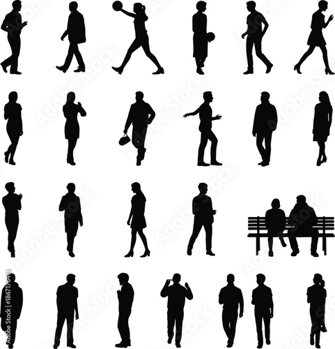 People silhouettes walking, talking and performing daily activities, men and women lifestyle poses in urban situations isolated on white background