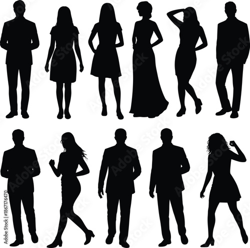 Business men and women silhouettes, standing and walking fashion poses, isolated black people figures set, on white background studio illustration