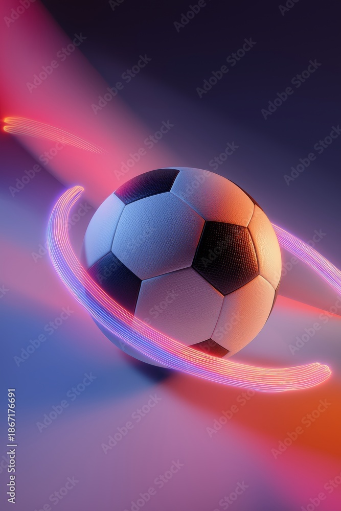 Naklejka premium Soccer ball with vibrant neon light trails swirling around it against a dark, dynamic background. Captures energy and movement of sport