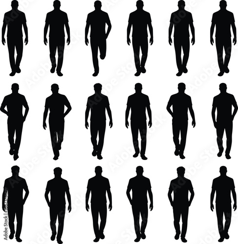 Walking, male, silhouettes, isolated, black, human, figures, group, of, men, moving, forward, crowd, posture, modern, people, walking, person, vector, illustration