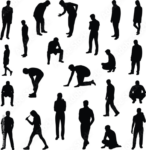 Human silhouettes in various body poses, standing sitting crouching men figures isolated on white background, action posture behavior concept illustration