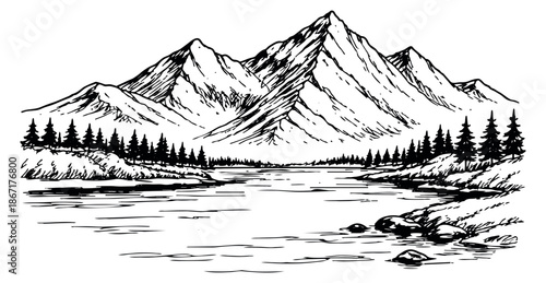 Hand drawn line art illustration of a mountain landscape with a lake depicting natural wilderness for adventure and outdoor themed designs