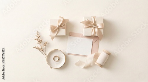 Minimal Beige Gift Box with Ribbon, Candle and Decorative Elements on Neutral Background, Elegant Luxury Still Life for Valentine Day, Wedding, Anniversary, Celebration and Premium Lifestyle Stock Ima