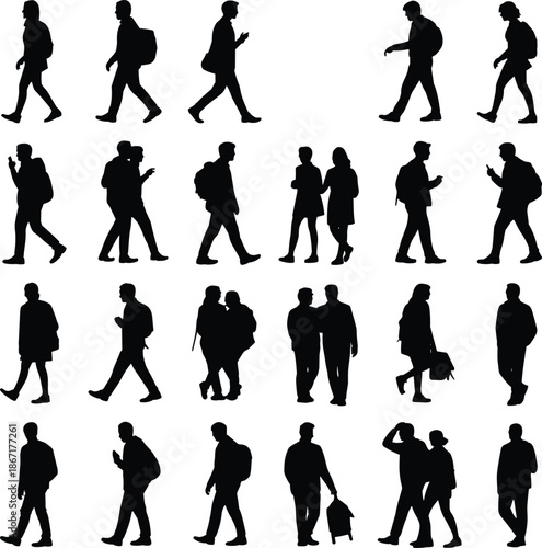 Walking people silhouette set men and women carrying bags using phone casual urban pedestrians isolated on white background black vector illustration