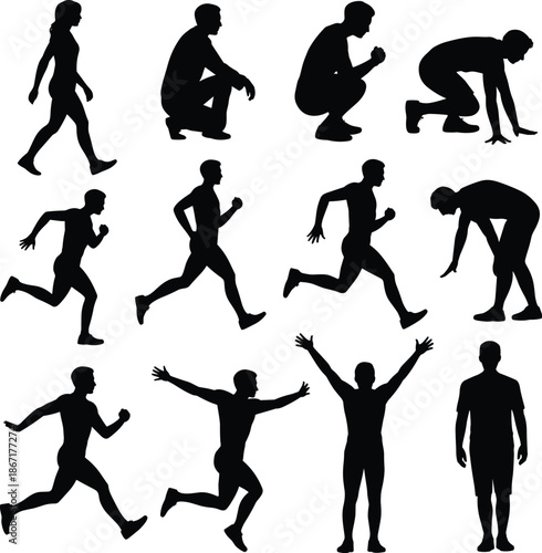 Fitness man silhouettes set showing running squatting jumping exercising poses athletic human movement isolated black vector illustration
