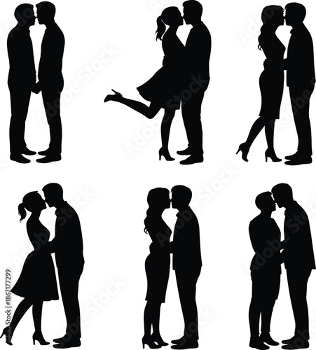 Romantic couple silhouettes set, man and woman kissing hugging poses, love relationship black figures, isolated on white background illustration