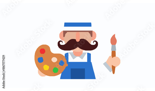 Painter icon vector illustration with mustache hat paint palette and brush