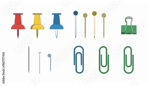 Multicolored pushpins pins and paper clips flat vector stationery set