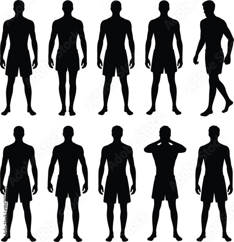 Male human silhouette collection with standing and turning poses athletic body figures isolated black vector illustration for anatomy posture reference