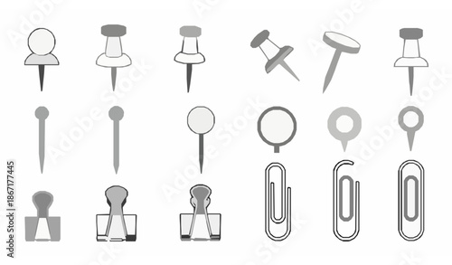 Stationery tools outline vector set with pushpins pins and paper clips