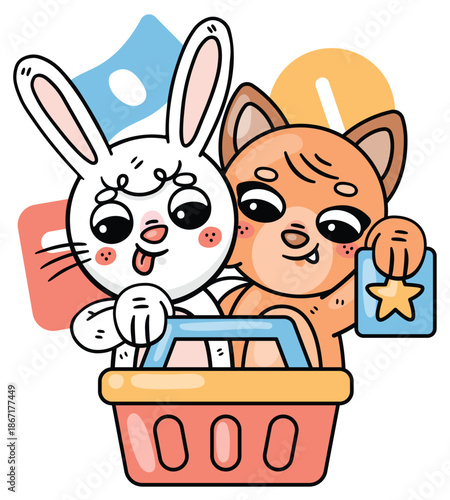 Whimsical Friends in Shopping Cart: A charming cartoon depicts a playful bunny and fox sharing a shopping cart, with star and abstract shape for happy shopping.