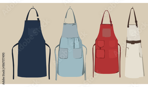 Clean hanging apron vector illustration set in white red and black colors