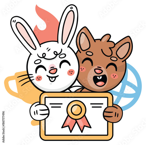 Triumphant Duo: Animated rabbit and Bear: Two friendly animal characters, a cheerful rabbit and a happy bear, beam with joy as they hold up a certificate, celebrating achievement.