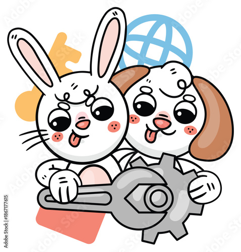 Cute duo: Illustration of a bunny and puppy working together to fix things, symbolizing teamwork and collaboration. Embodying fun and lightheartedness.