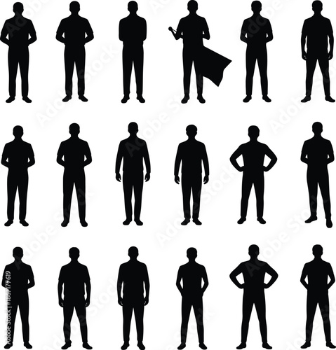 Male, silhouettes, group, of, men, in, different, poses, including, superhero, cape, confident, standing, black, isolated, modern, human, figure, vector, illustration