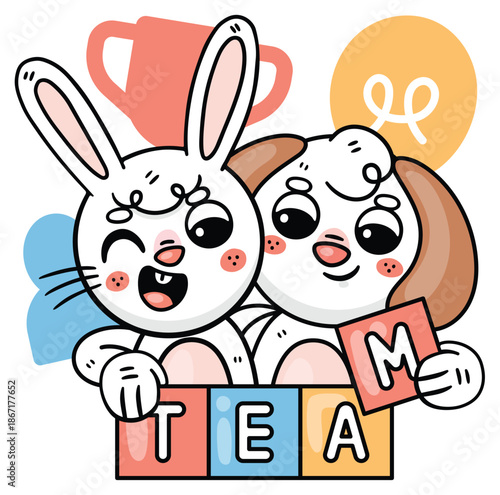 Teamwork: Delightful cartoon characters - a bunny and a puppy - join forces to spell out TEAM, showcasing the essence of cooperation and unity in this playful illustration.