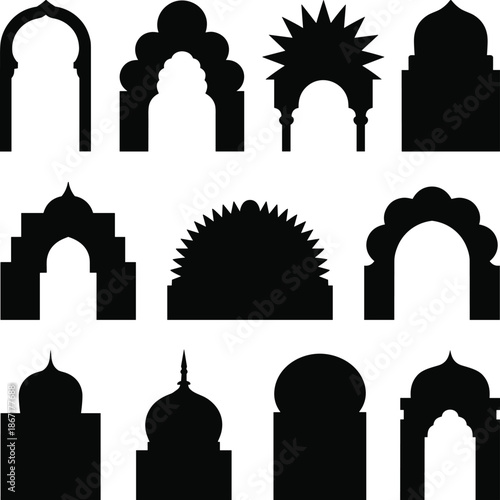 Islamic arch silhouettes collection, mosque doors windows domes shapes set, black oriental architectural elements, isolated on white background illustration