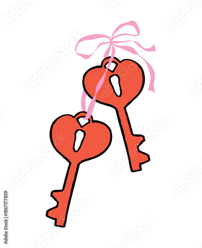 Whimsical valentine coquette doodle set red keys with pink bow, ribbon. Cute vintage element for Valentine's Day, wedding, invitation, greeting card. Hand drawn sketch. Isolated crayon vector illustra