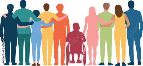 Diverse people standing together from behind, inclusive community with wheelchair user, teamwork unity support concept, colorful flat illustration isolated on white