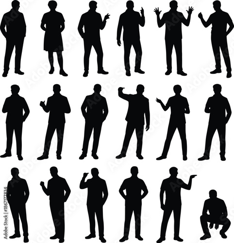 Business, people, silhouettes, men, and, women, talking, presenting, gesturing, office, professional, modern, figures, black, isolated, human, posture, team, communication, concept