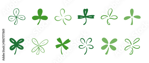 A collection of hand-drawn green clovers in varied shapes and strokes. Vector elements for Saint Patrick’s Day designs, luck symbols, festive graphics, and nature-inspired illustrations.