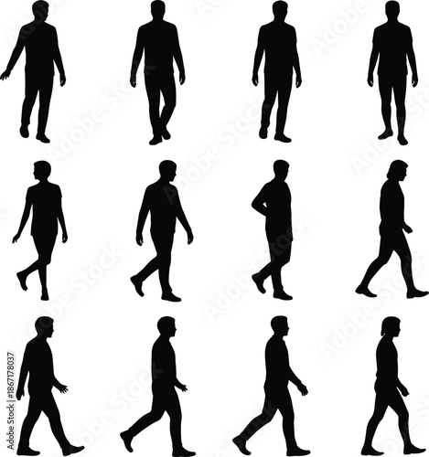 Walking man silhouettes set showing different walking poses human movement isolated black vector icons on white background illustration