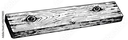 Hand drawn line art illustration of a wooden plank depicting natural wood texture and knots for carpentry projects