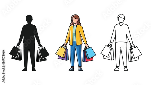Woman shopper holding multiple shopping bags in silhouette, color, and outline