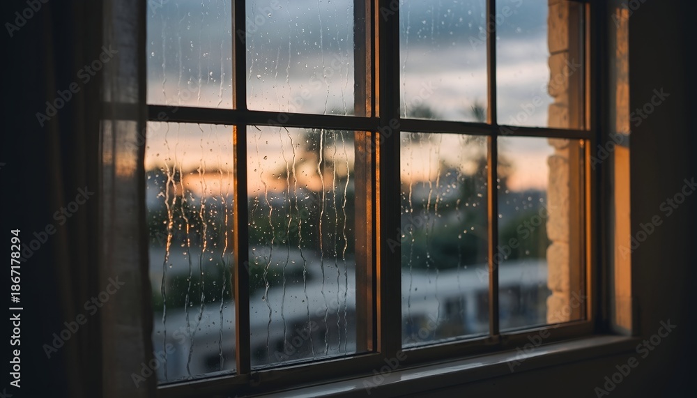 Fototapeta premium Window view of a rainy evening with sunset colors and water droplets