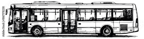 Hand drawn line art illustration of a modern city bus depicting urban public transport
