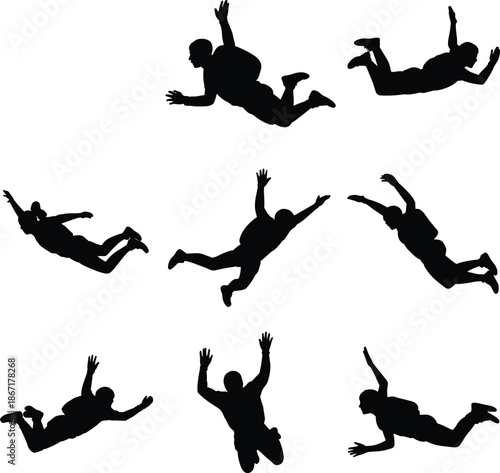 Skydiving silhouettes set, freefall flying human poses collection, black action people figures, isolated on white background illustration
