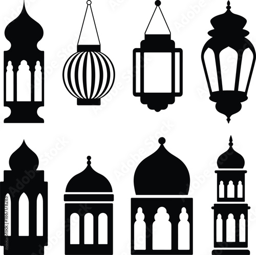 Islamic lantern silhouettes set with traditional Ramadan and Eid decorative lamps isolated on white background religious illustration