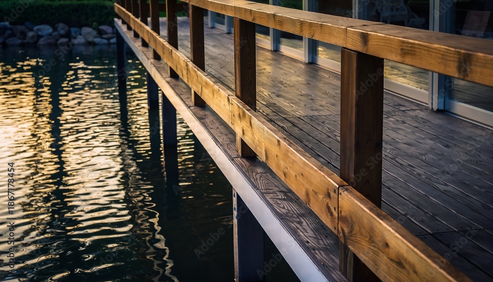 Fototapeta premium Wooden bridge over water reflecting sunlight in natural outdoor environment