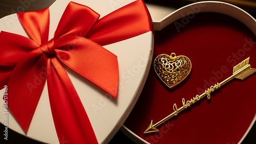 Romantic heart-shaped gift box with arrow pendant illustration