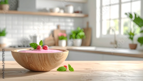 Wallpaper Mural Wooden bowl with pink cream and berries on a kitchen table near a window Torontodigital.ca