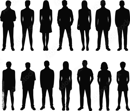 Group, of, diverse, people, silhouettes, standing, together, modern, men, and, women, figures, black, outline, crowd, illustration, teamwork, and, community, concept