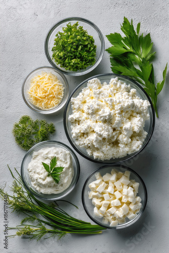 Fresh cottage cheese cubed cheese shredded cheese sour cream chopped parsley dill celery arranged in glass bowls on gray background © visoot