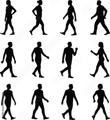 Walking human silhouette collection showing male and female side view poses isolated black vector illustration for motion reference design use