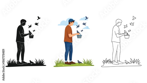 Man feeding pigeons in a park scene shown in silhouette, color, and line art