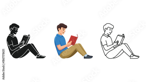 Young man sitting on the floor reading a book in silhouette, color, and outline