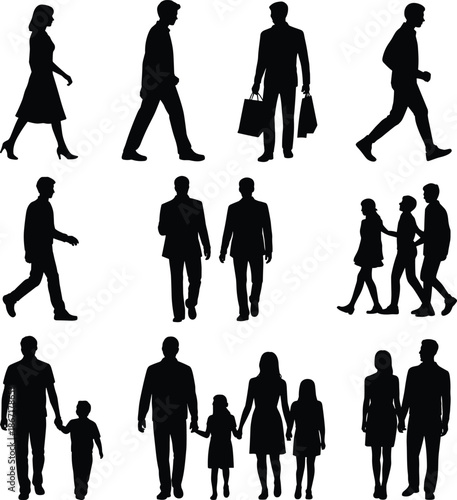 Walking people silhouettes set including men women couples and families, human figures in motion isolated on white background illustration