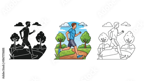 Man jogging outdoors in a park shown in silhouette, color, and outline
