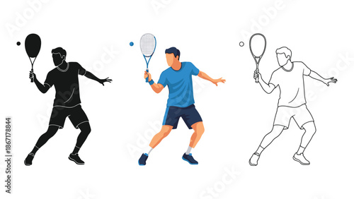Tennis player serving or hitting a ball shown in silhouette, color, and outline